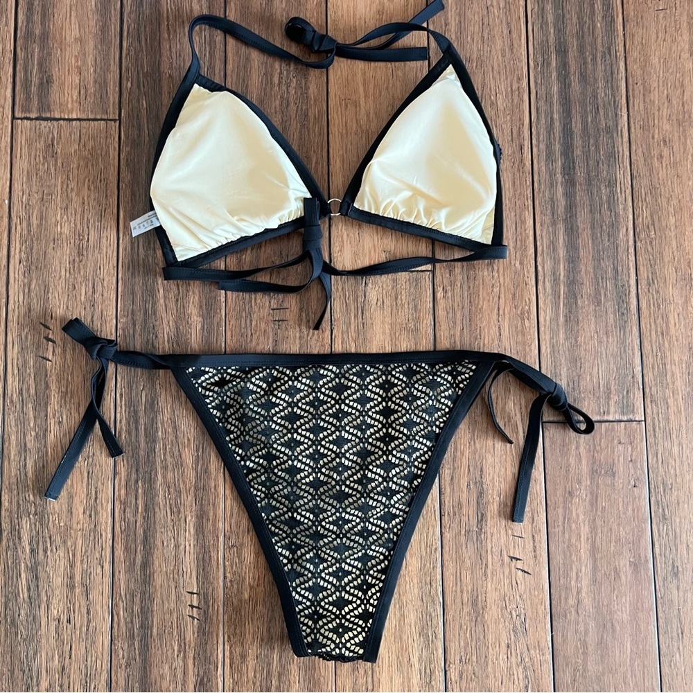 Black Lace Laser Cut Bikini 3X Swimsuit Bathingsuit Tie Neck Back Cheeky 3XL - Picture 8 of 10